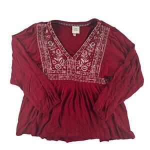 Knox Rose Womens Embroidered Boho  Peasant Blouse Top V-Neck - Maroon Red - XL